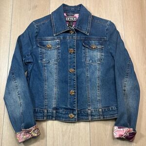 Berek by Takako Sakon Denim Jacket Medium Wash Rhinestone Button Floral Cuff S